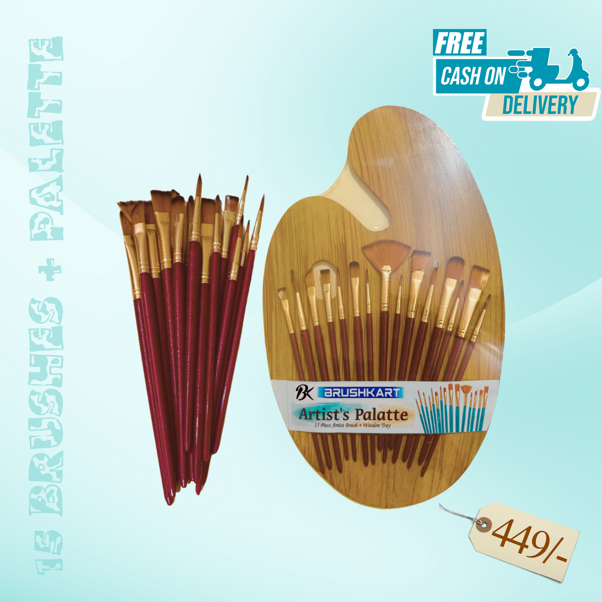 BrushKart 15 Pcs Painting Brush Set with Wooden Palette
