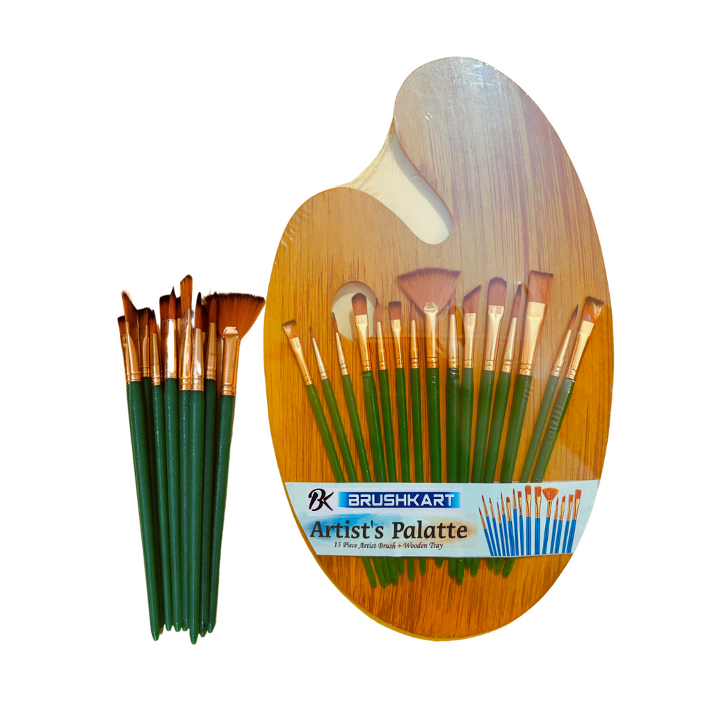 BrushKart 15 Pcs Painting Brush Set with Wooden Palette