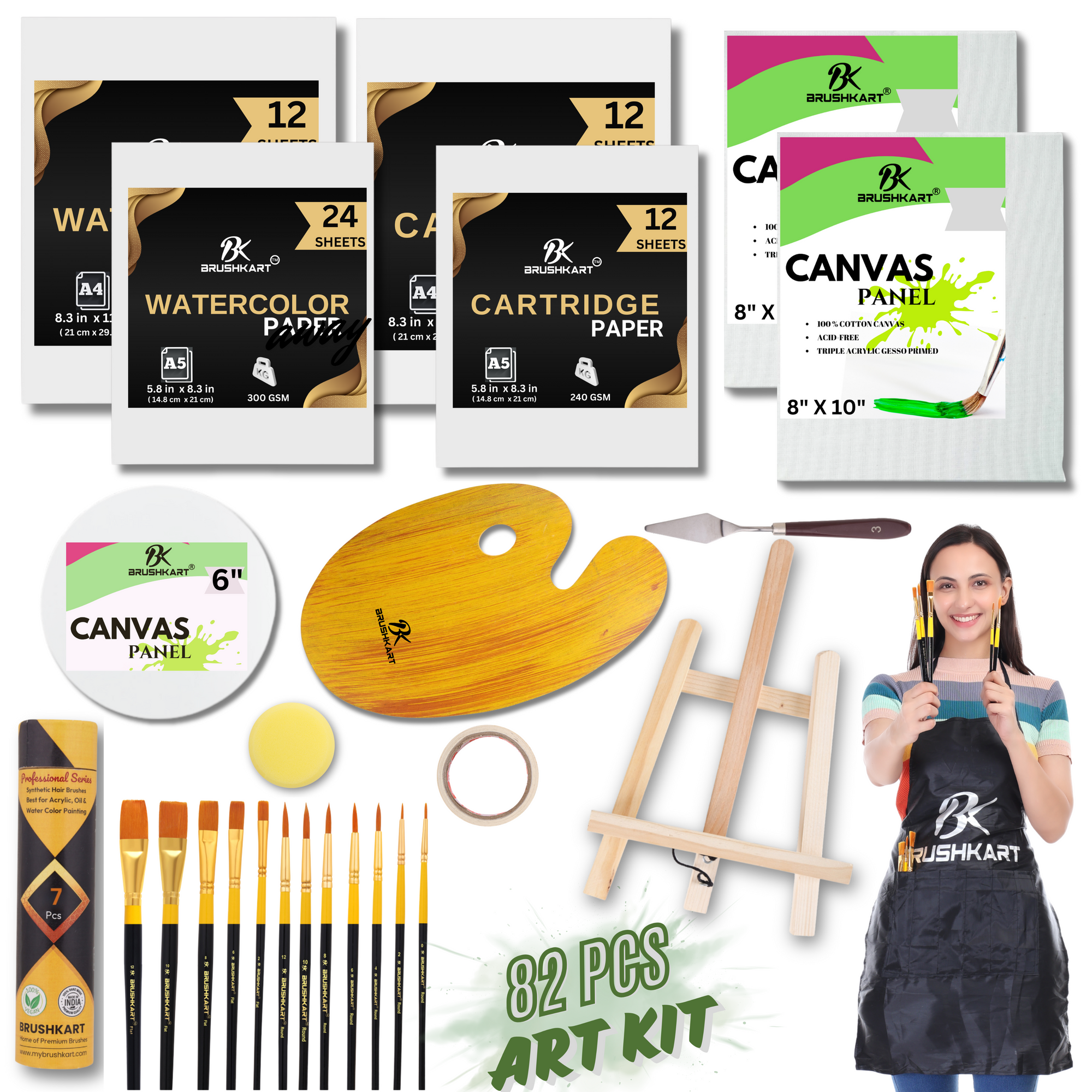82pcs Painting kit for Artists, Adults and kids with professional paint brushes, wooden palette, watercolor papers, canvas board, easel, apron