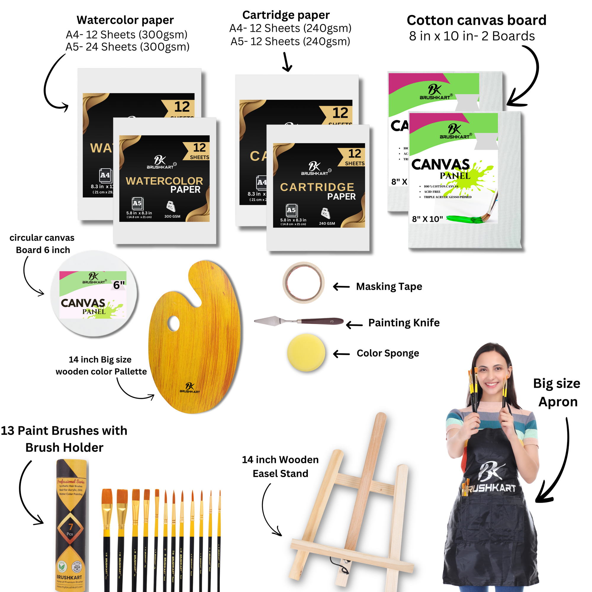 82pcs Painting kit for Artists, Adults and kids with professional paint brushes, wooden palette, watercolor papers, canvas board, easel, apron